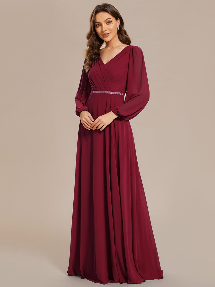 Pleated Double V-Neck Long Sleeves Shiny Belt Chiffon Evening Dress #color_Burgundy