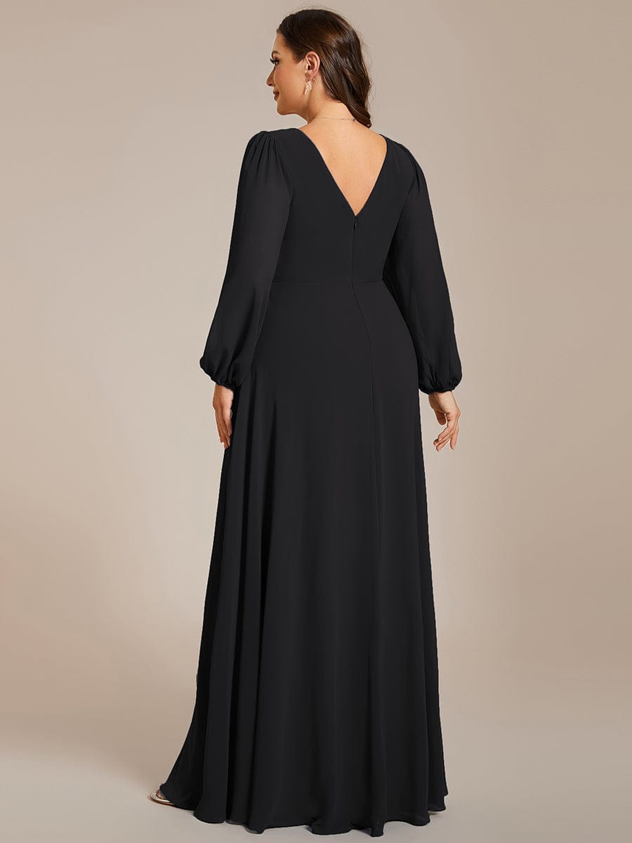 Plus Size A-Line V-Neck See-Through Long Sleeves Shiny Belt Chiffon Evening Dress #color_Black