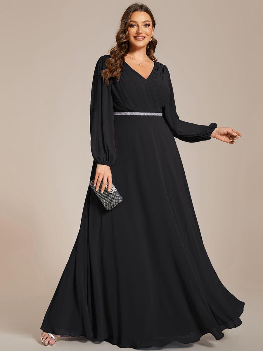 Plus Size A-Line V-Neck See-Through Long Sleeves Shiny Belt Chiffon Evening Dress #color_Black