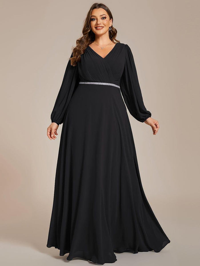 A-line V-Neck Long Sleeve Chiffon Dress Brown Plus Size main image 0