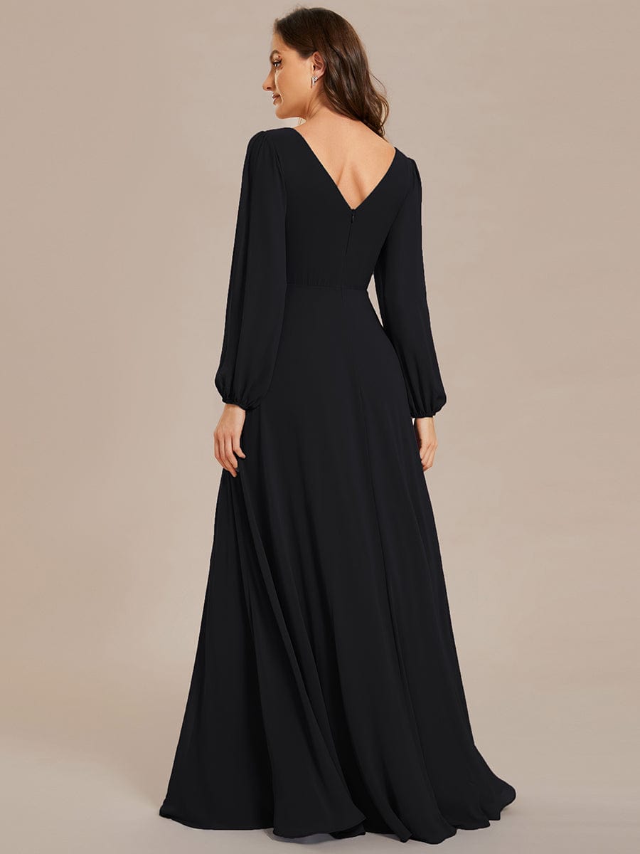 Pleated Double V-Neck Long Sleeves Shiny Belt Chiffon Evening Dress #color_Black