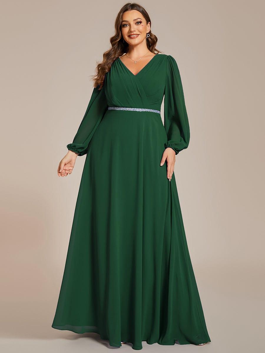 Plus Size A-Line V-Neck See-Through Long Sleeves Shiny Belt Chiffon Evening Dress #color_Dark Green