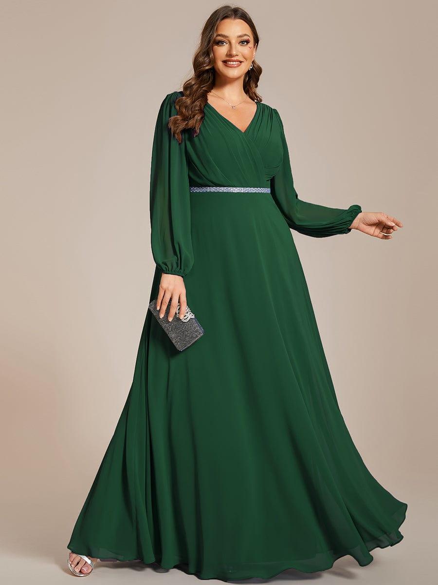 Plus Size A-Line V-Neck See-Through Long Sleeves Shiny Belt Chiffon Evening Dress #color_Dark Green