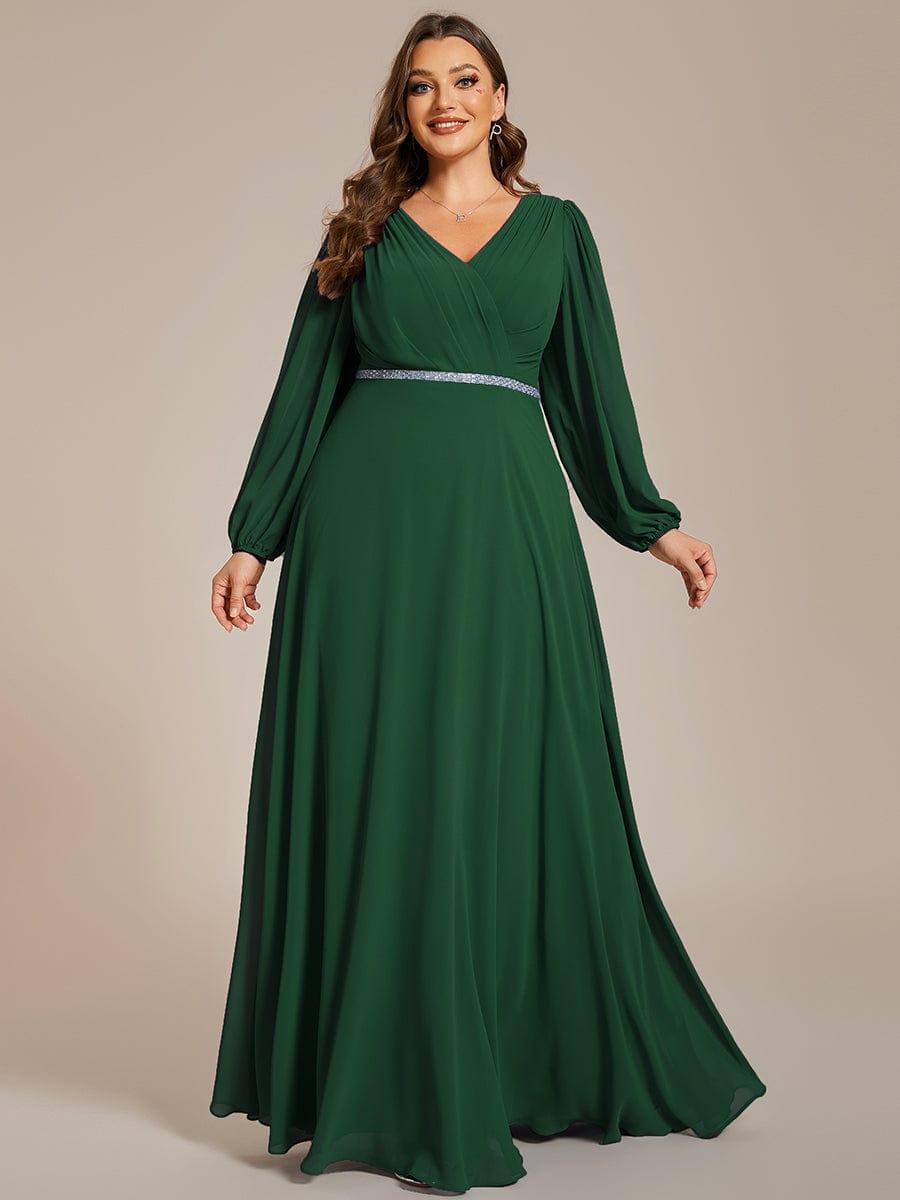 Plus Size A-Line V-Neck See-Through Long Sleeves Shiny Belt Chiffon Evening Dress #color_Dark Green