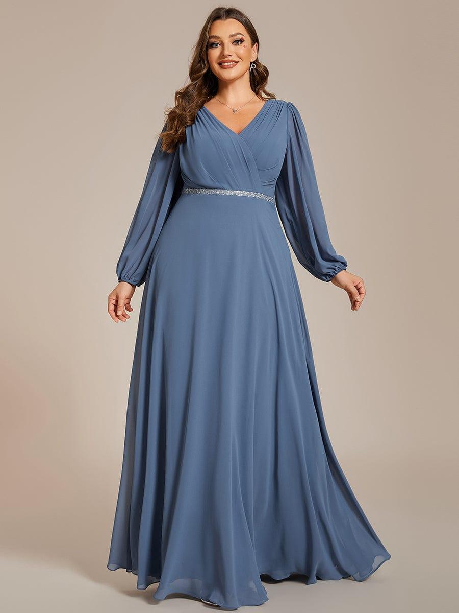 Plus Size A-Line V-Neck See-Through Long Sleeves Shiny Belt Chiffon Evening Dress #color_Dusty Blue