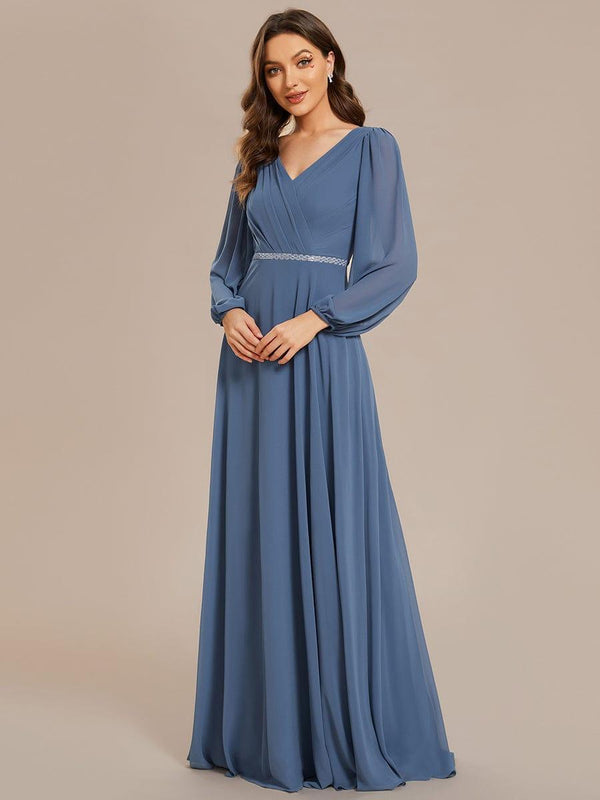 V-neck Long Sleeves Chiffon Tea-length Dress Dusty Blue
