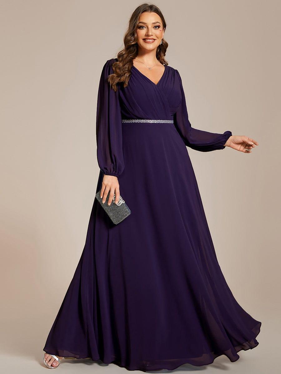 Plus Size A-Line V-Neck See-Through Long Sleeves Shiny Belt Chiffon Evening Dress