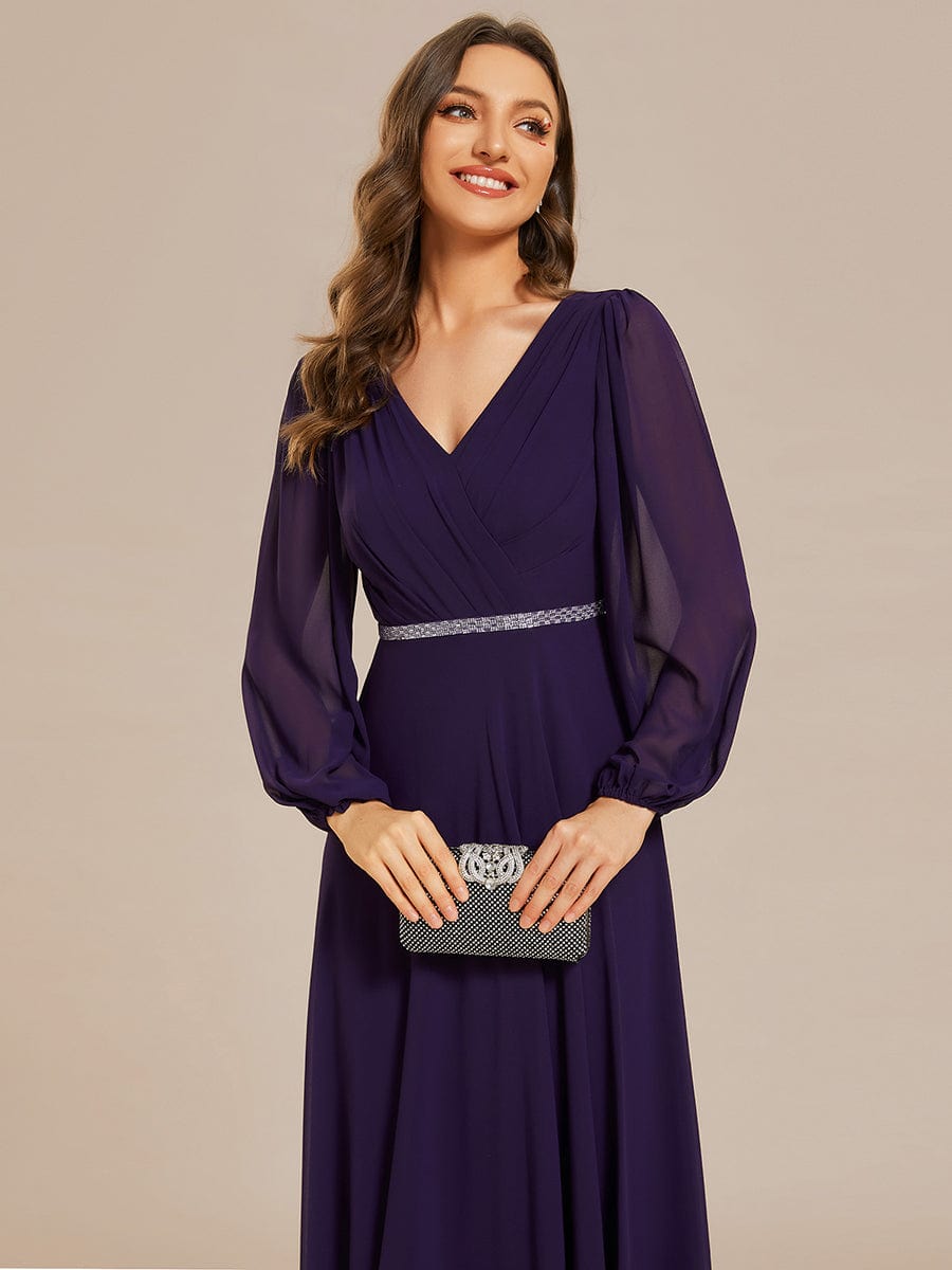 Pleated Double V-Neck Long Sleeves Shiny Belt Chiffon Evening Dress