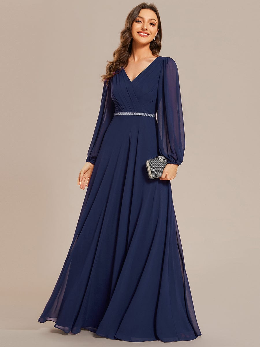 Pleated Double V-Neck Long Sleeves Shiny Belt Chiffon Evening Dress #color_Navy Blue