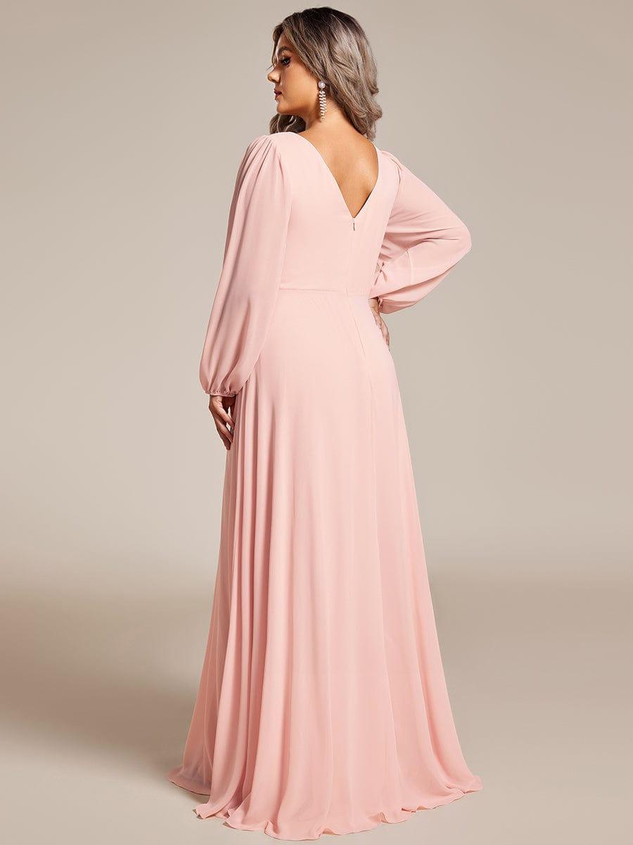 Plus Size A-Line V-Neck See-Through Long Sleeves Shiny Belt Chiffon Evening Dress #color_Pink