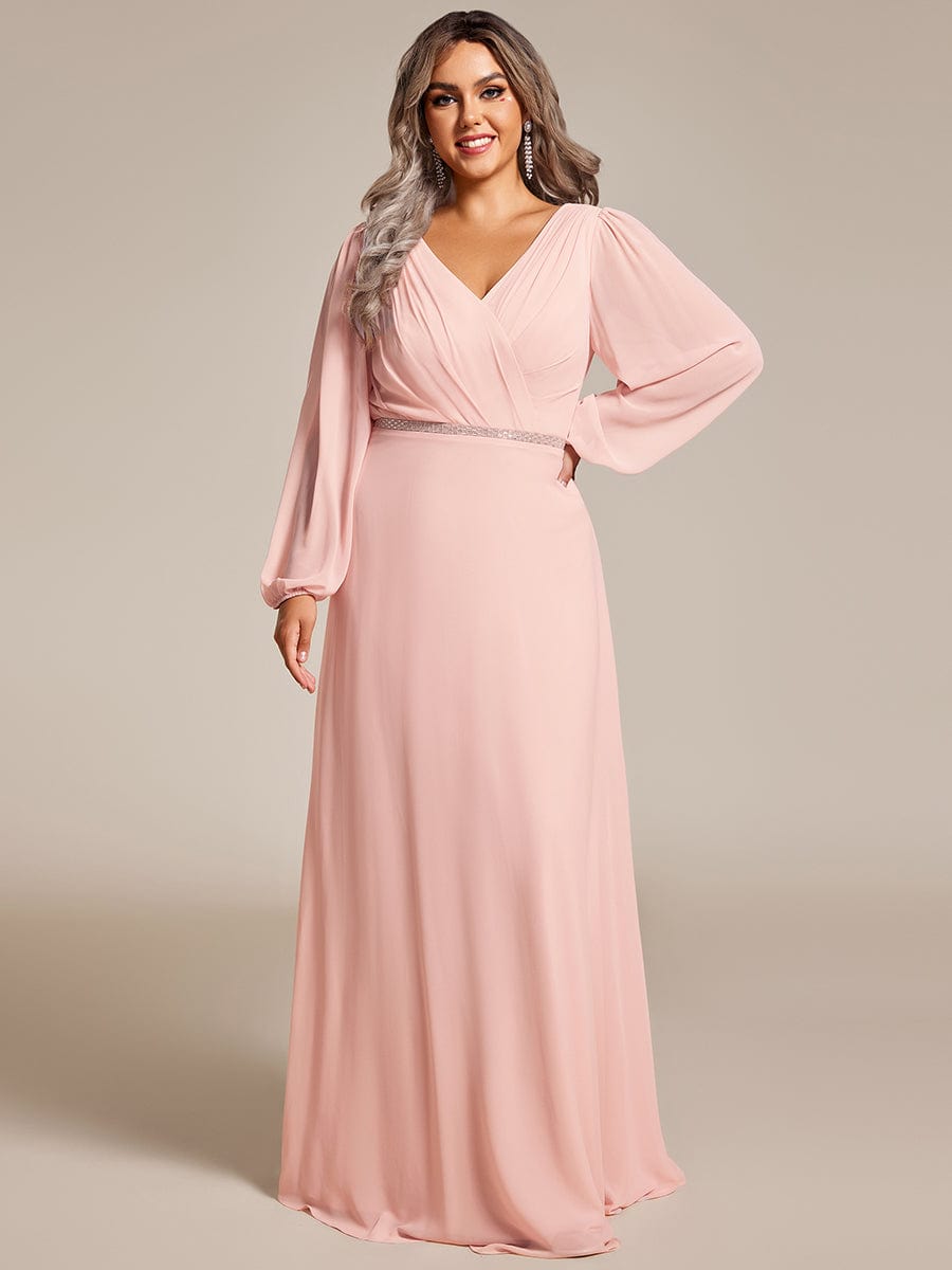 Plus Size A-Line V-Neck See-Through Long Sleeves Shiny Belt Chiffon Evening Dress #color_Pink