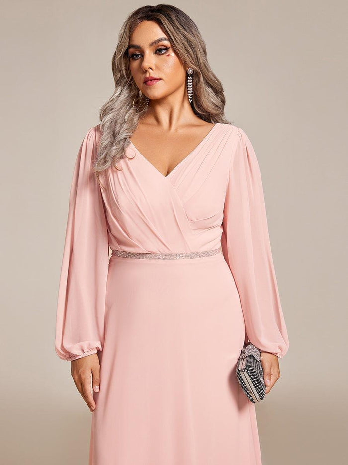 Plus Size Puff-Sleeve V-Neck Rhinestone Patterned A-Line Evening Gown