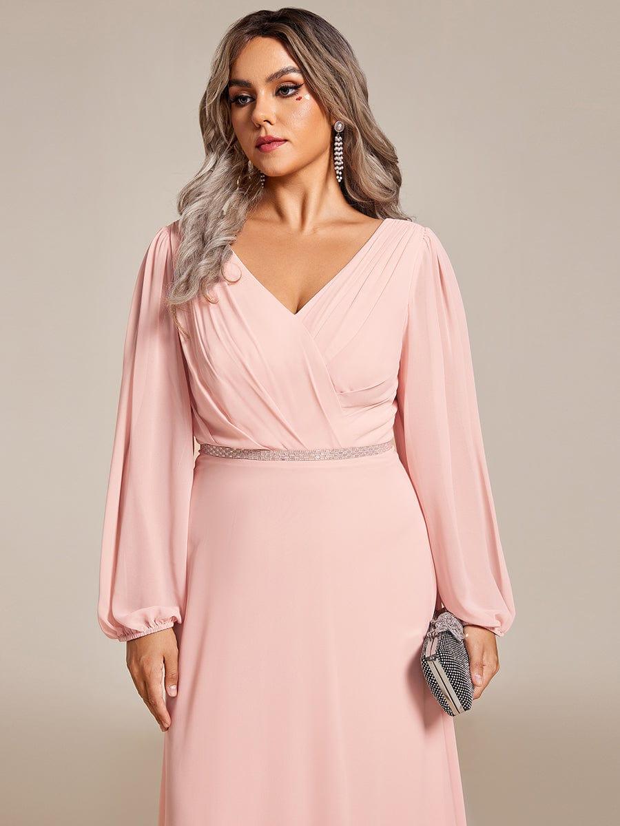Plus Size A-Line V-Neck See-Through Long Sleeves Shiny Belt Chiffon Evening Dress #color_Pink