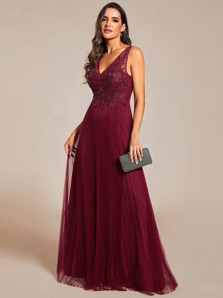 Exquisite Applique Embroidery Bodice Sleeveless A-Line Tulle Evening Dress #color_Burgundy