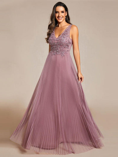 Exquisite Applique Embroidery Bodice Sleeveless A-Line Tulle Evening Dress #color_Purple Orchid