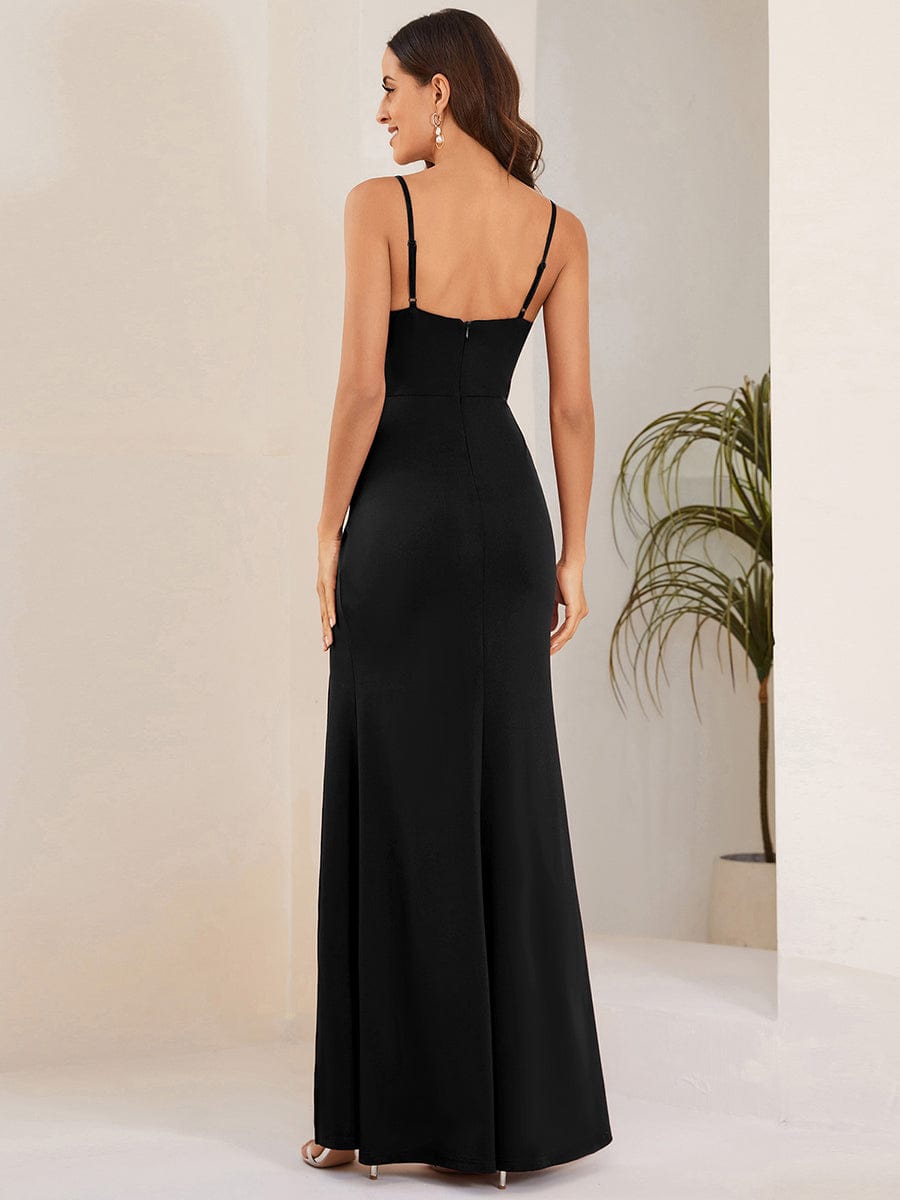 Elegant Pleated Backless High Slit Spaghetti Strap Evening Dress  #color_Black