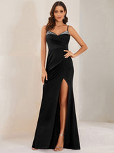 Elegant Pleated Backless High Slit Spaghetti Strap Evening Dress  #color_Black