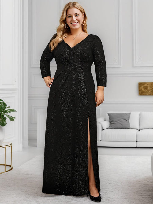 Plus Size Long Sleeves V-Neck Glitter High Slit Evening Dress - Ever ...