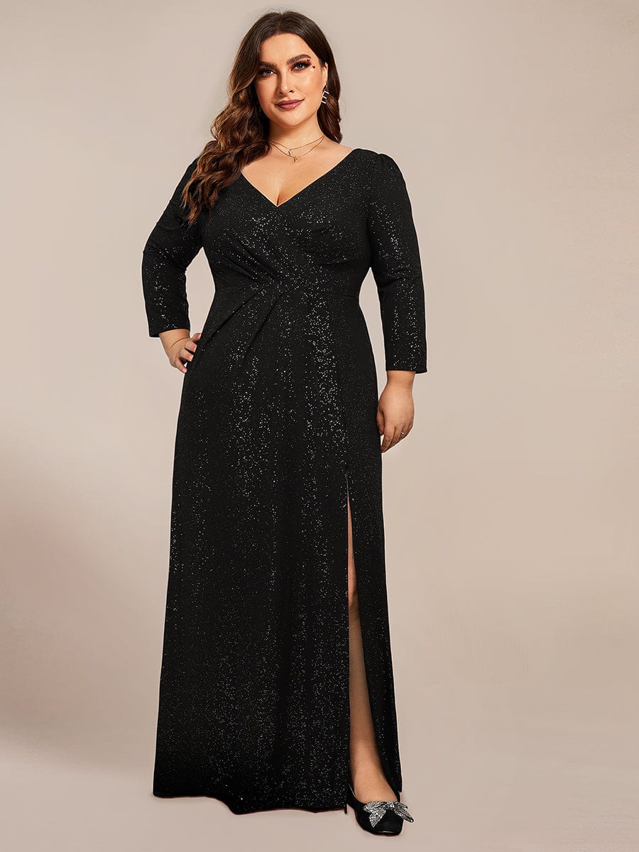 Plus Size Sparkling Long Sleeves Double V-Neck Sequin Evening Dress