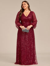 Plus Size V-Neck Lantern Long Sleeve Sequin A-Line Evening Dress #color_Burgundy
