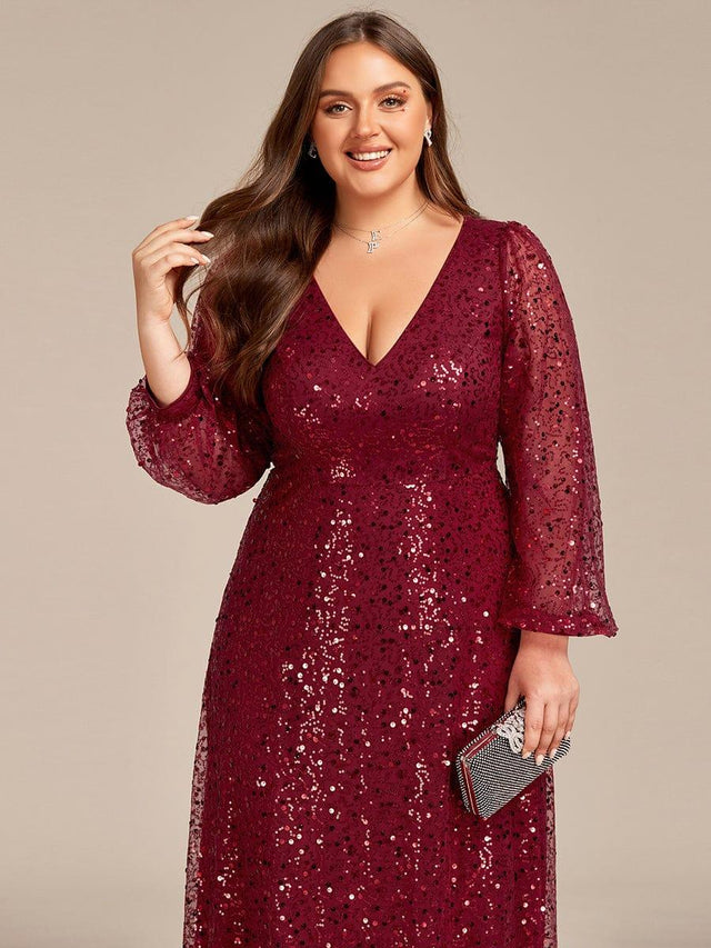 Glittering Long Lantern Sleeve Sequin A-Line V-Neck Evening Dress ...