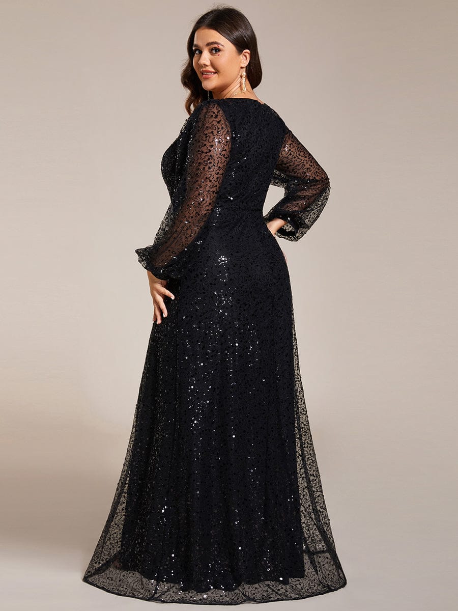 Plus Size V-Neck Lantern Long Sleeve Sequin A-Line Evening Dress #color_Black
