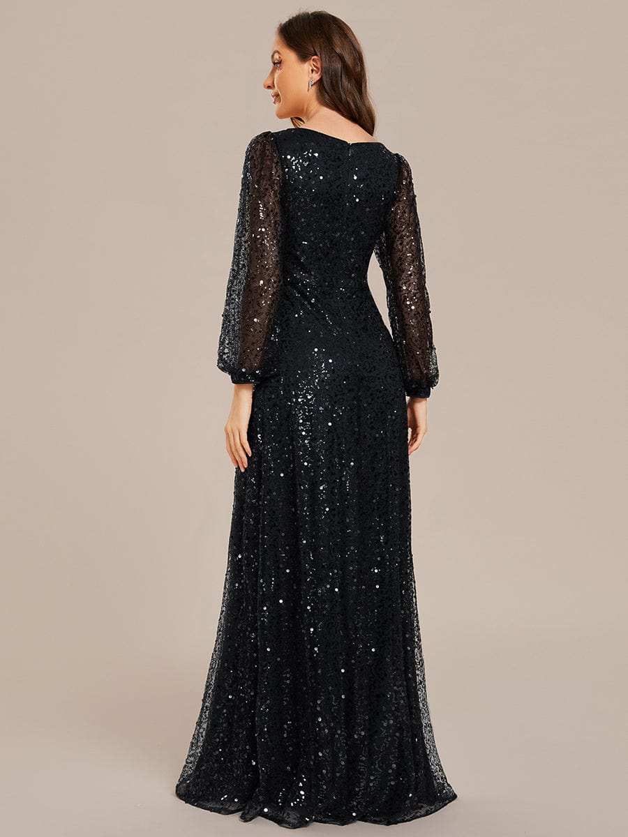 Shimmering All Over V-Neck Long Lantern Sleeve Sequin A-Line Evening Dress #color_Black