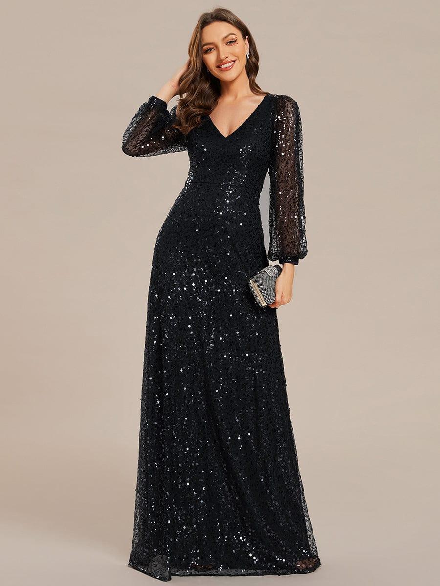 Shimmering All Over V-Neck Long Lantern Sleeve Sequin A-Line Evening Dress #color_Black