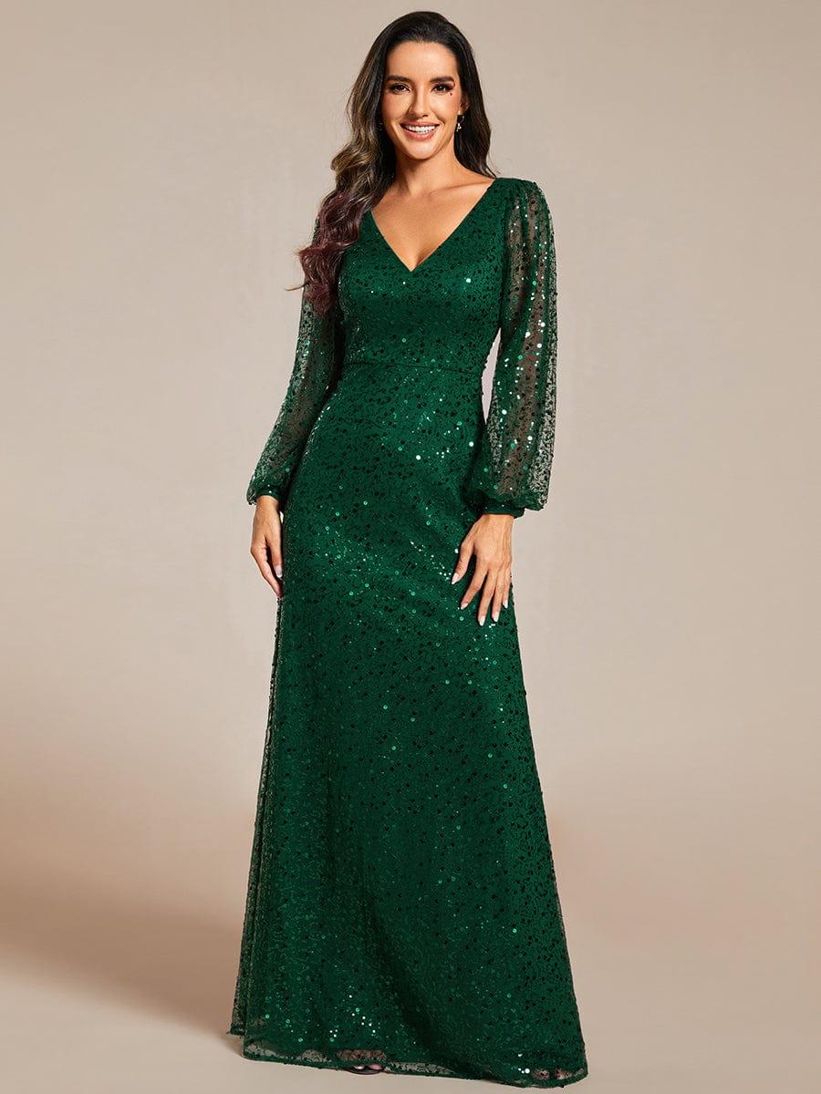 Shimmering All Over V-Neck Long Lantern Sleeve Sequin A-Line Evening Dress #color_Dark Green