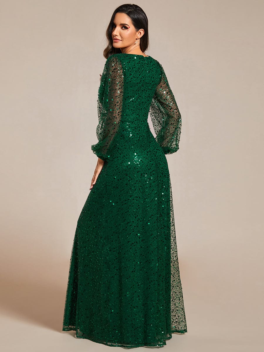 Shimmering All Over V-Neck Long Lantern Sleeve Sequin A-Line Evening Dress