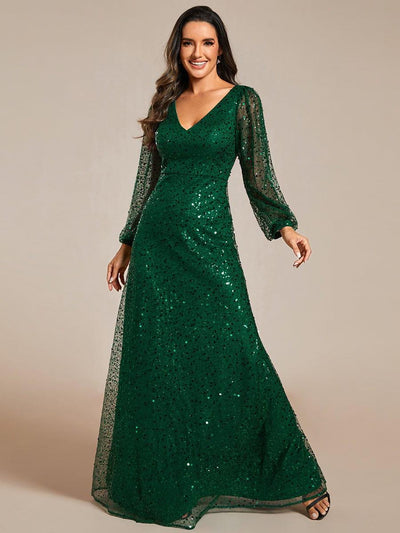 Shimmering All Over V-Neck Long Lantern Sleeve Sequin A-Line Evening Dress #color_Dark Green