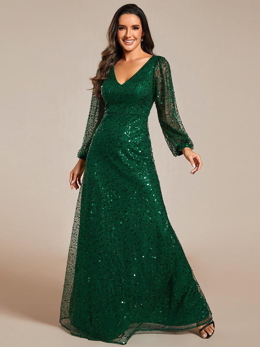 Shimmering All Over V-Neck Long Lantern Sleeve Sequin A-Line Evening Dress #color_Dark Green