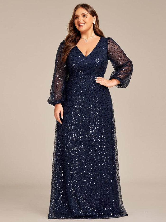 Sexy O- Neck  Sequin Sheer Long Sleeve Women Plus Size Dress