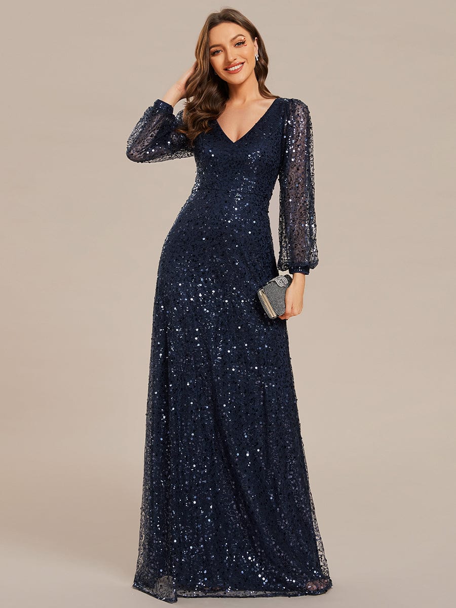 Shimmering All Over V-Neck Long Lantern Sleeve Sequin A-Line Evening Dress #color_Navy Blue