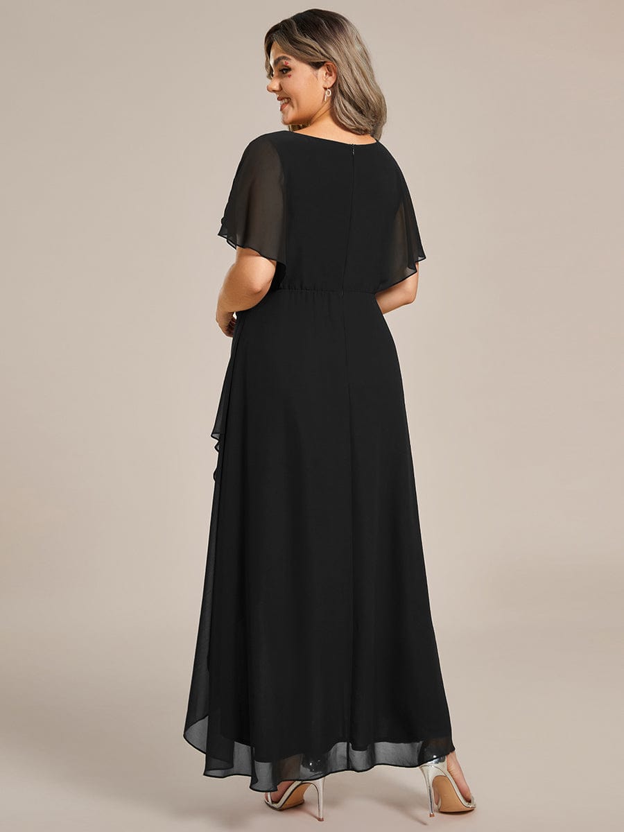 Plus Size V-Neck Chiffon Bat-Wing Sleeve A-Line Waist Applique Formal Dress #color_Black
