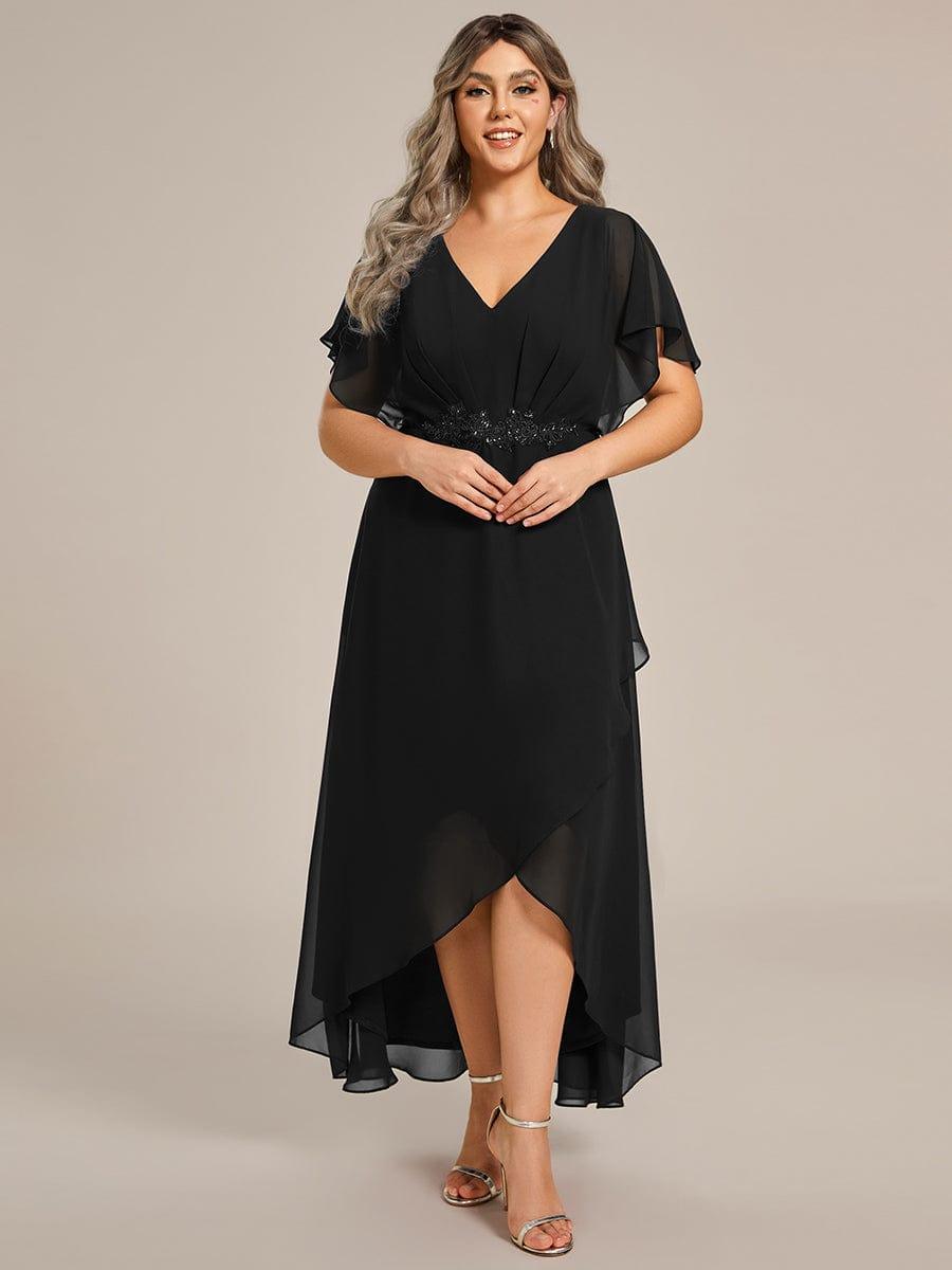 Plus Size V-Neck Chiffon Bat-Wing Sleeve A-Line Waist Applique Formal Dress #color_Black