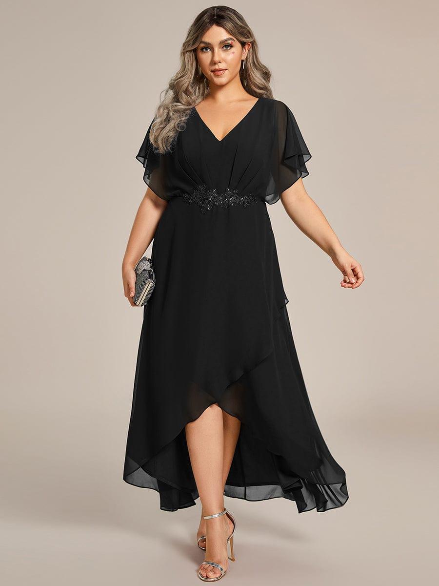 Plus Size V-Neck Chiffon Bat-Wing Sleeve A-Line Waist Applique Formal Dress #color_Black