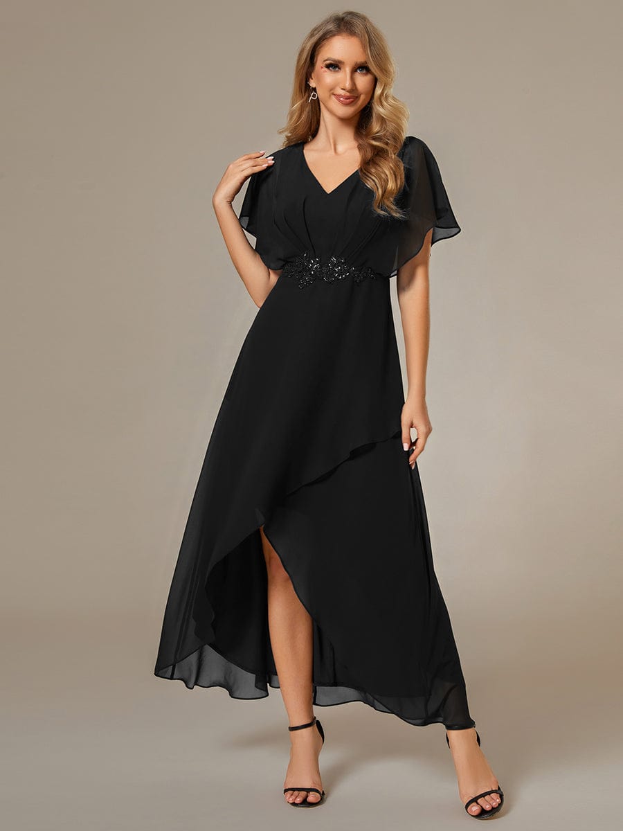 Elegant Short Sleeves A-Line Waist Applique Formal Dress with Lotus Leaf Hem #color_Black