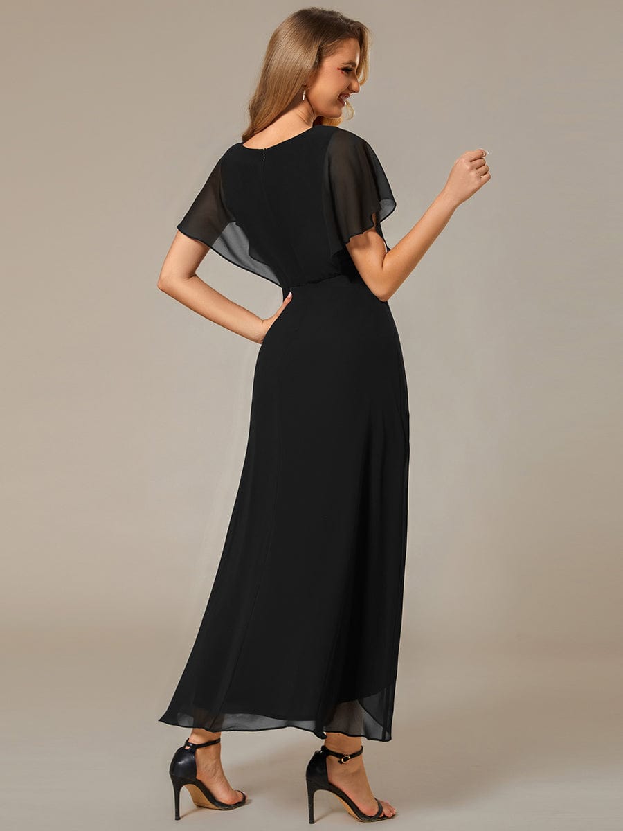 Elegant Short Sleeves A-Line Waist Applique Formal Dress with Lotus Leaf Hem #color_Black