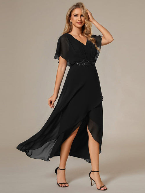 Elegant Lotus Leaf Pleated A-Line Knee-Length Wedding Guest Dress