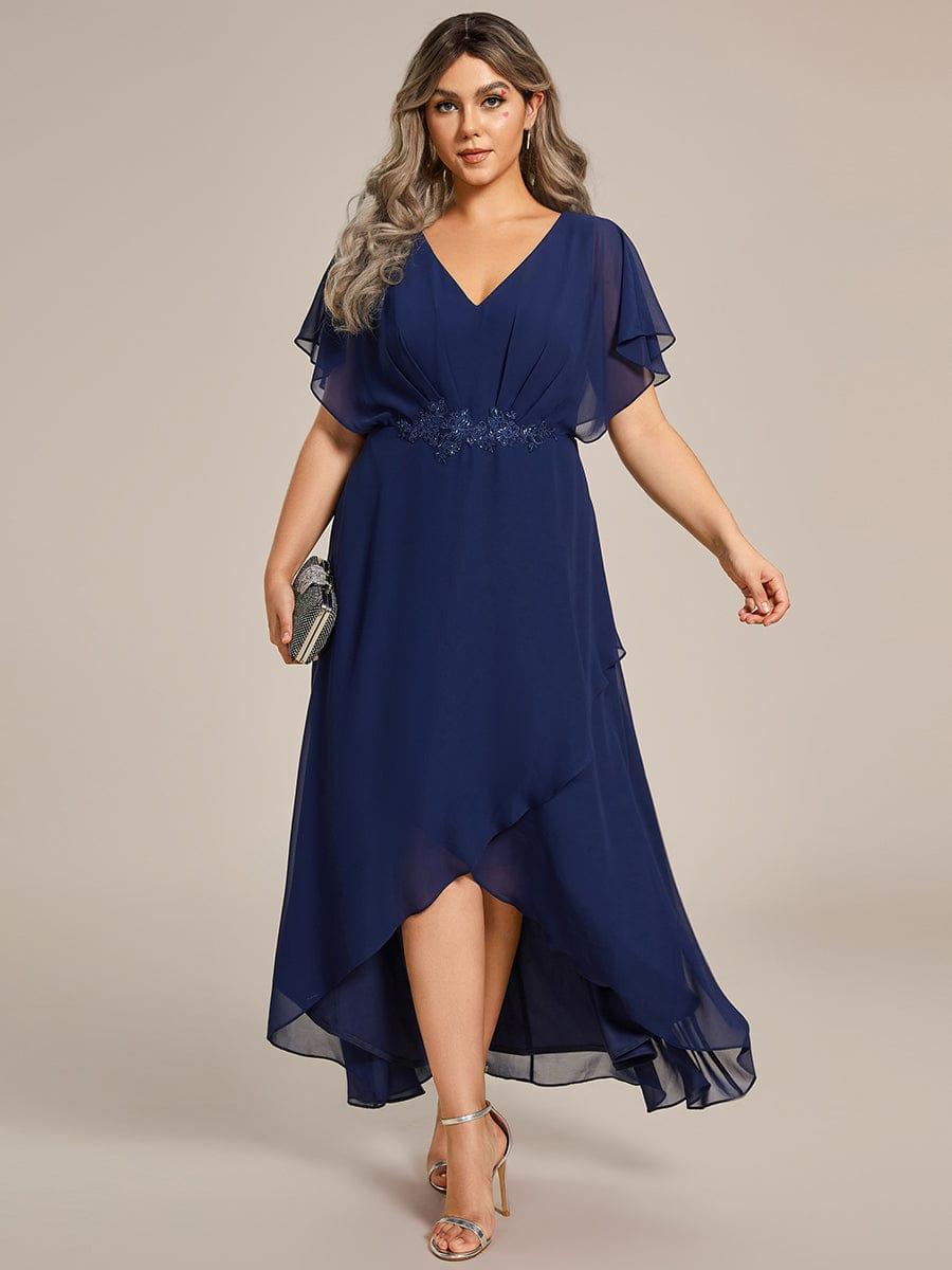Plus Size V-Neck Chiffon Bat-Wing Sleeve A-Line Waist Applique Formal Dress #color_Navy Blue