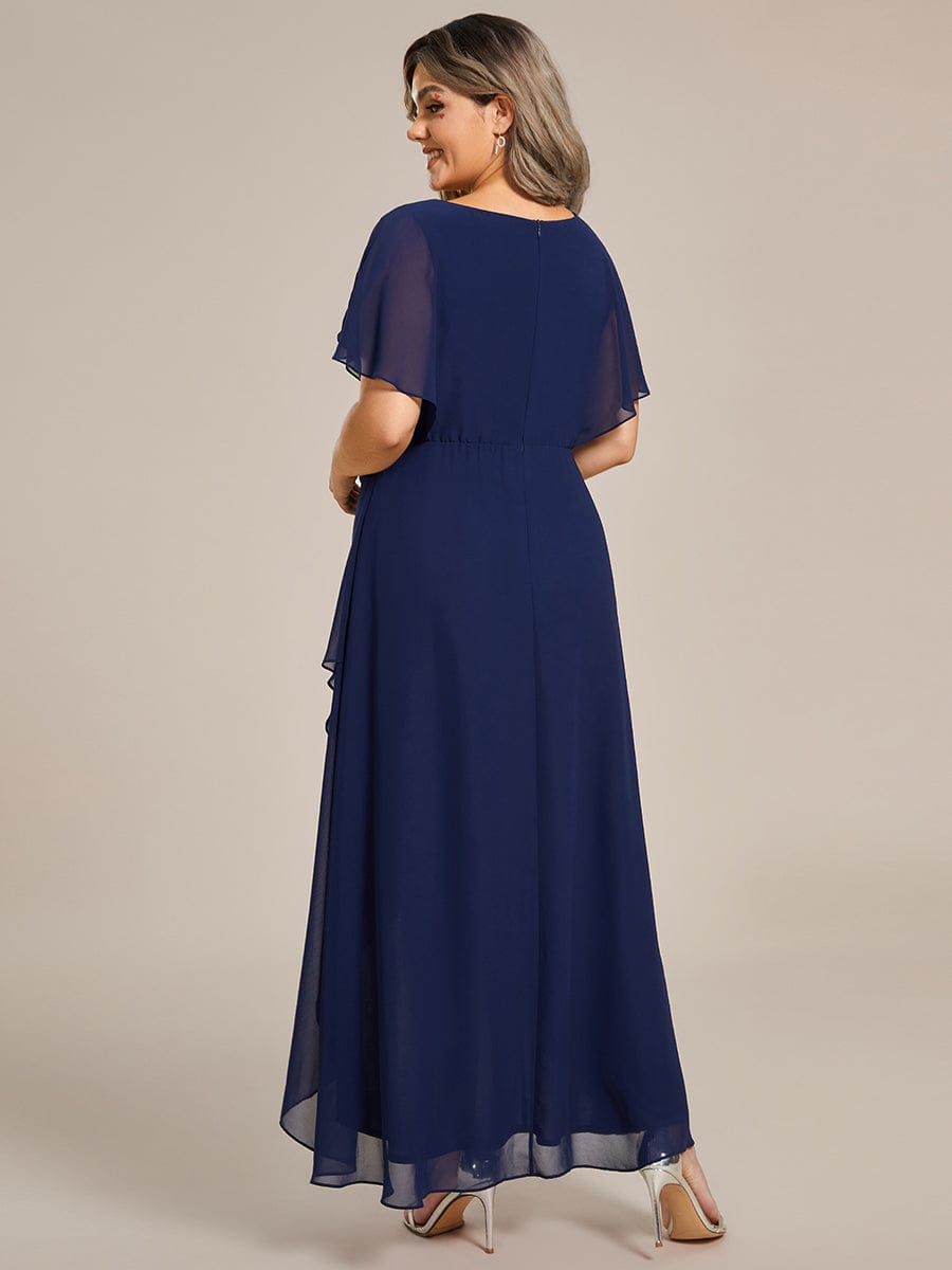 Plus Size V-Neck Chiffon Bat-Wing Sleeve A-Line Waist Applique Formal Dress #color_Navy Blue