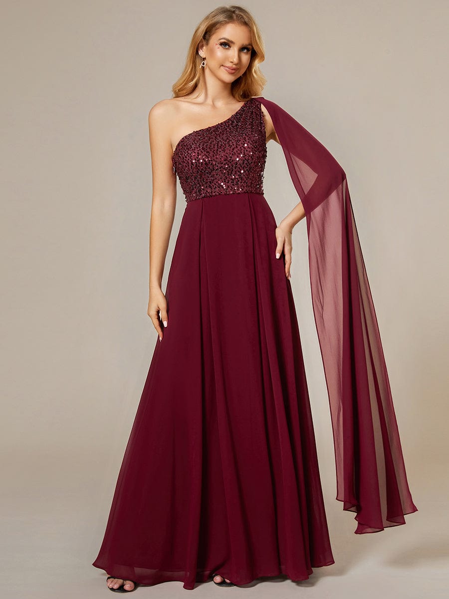 Sleeveless Chiffon A-Line Shinny Sequin Bodice One Shoulder Evening Dress #color_Burgundy