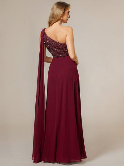 Sleeveless Chiffon A-Line Shinny Sequin Bodice One Shoulder Evening Dress #color_Burgundy