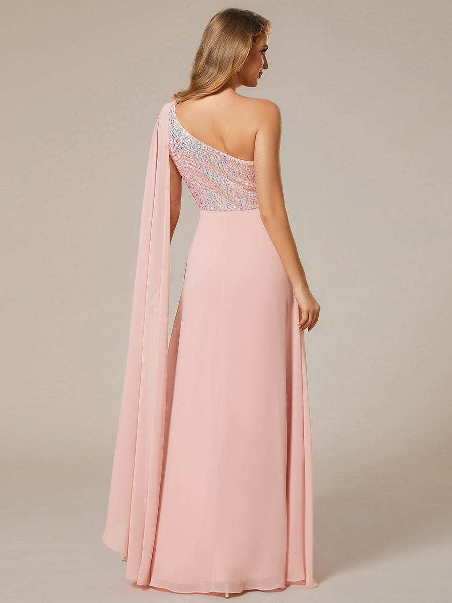 Sleeveless Chiffon A-Line Shinny Sequin Bodice One Shoulder Evening Dress #color_Pink
