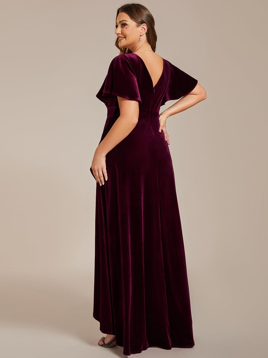 Plus Size Lotus Leaf Hem A-Line V-Neck Ruffles Sleeve Velvet Evening Dress  #color_Burgundy