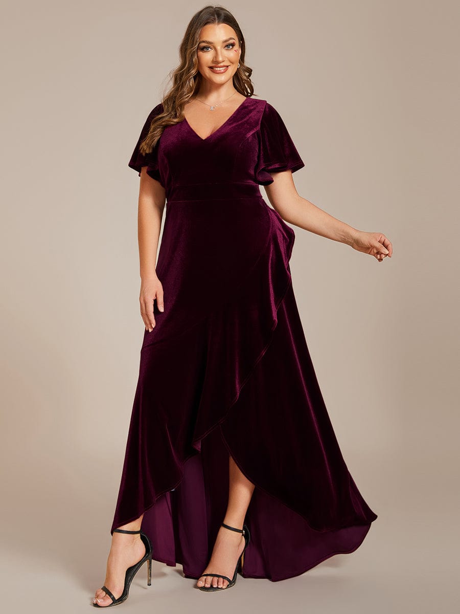 Plus Size Lotus Leaf Hem A-Line V-Neck Ruffles Sleeve Velvet Evening Dress  #color_Burgundy