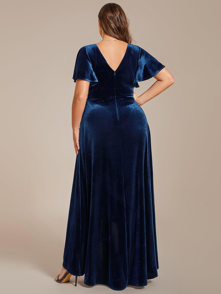 blue plus size velvet dress Ruffles Sleeve Stretchy Double V-Neck A-Line Evening JJ's House Shiphrah A-line Coachella outfit Daughter Size:6-7y 3 inch (115 cm)