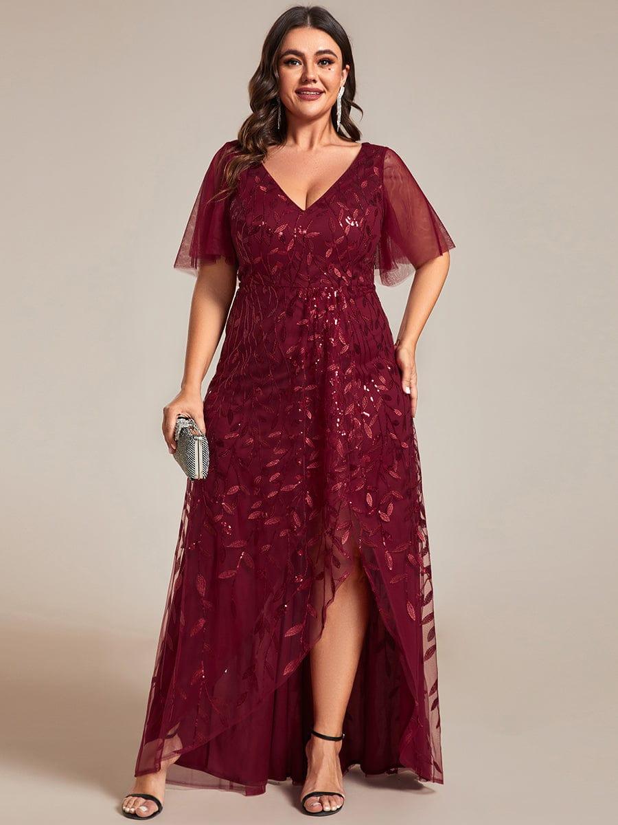 Plus Size Short Sleeves Sequin High Low V-Neck Midi Formal Evening Dress #color_Burgundy