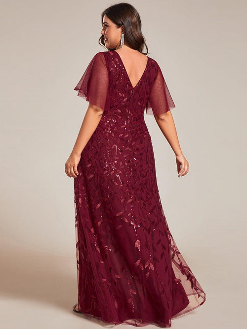 Plus Size Deep V Neck Wholesale Sequin Evening Gown With Short Sleeves main image 0